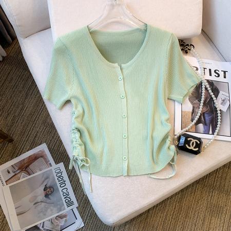 BY14991# 夏季新款设计感修身抽绳T恤短袖冰丝针织上衣女 服裝批發女裝批發服飾貨源