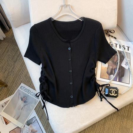 BY14991# 夏季新款设计感修身抽绳T恤短袖冰丝针织上衣女 服裝批發女裝批發服飾貨源