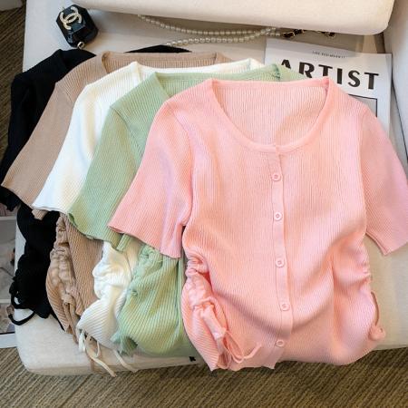 BY14991# 夏季新款设计感修身抽绳T恤短袖冰丝针织上衣女 服裝批發女裝批發服飾貨源