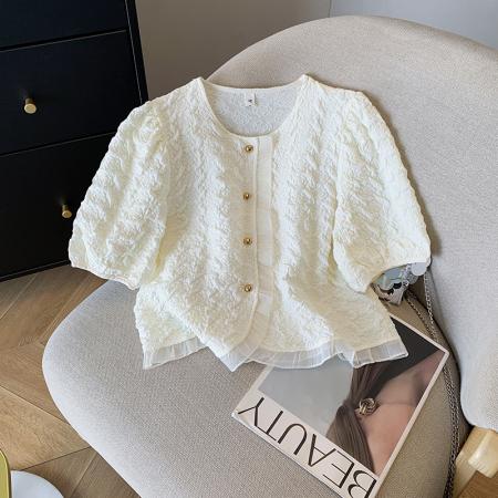 BY14992# 夏季新款设计感小香风花边衬衣泡泡袖雪纺衫上衣女 服裝批發女裝批發服飾貨源