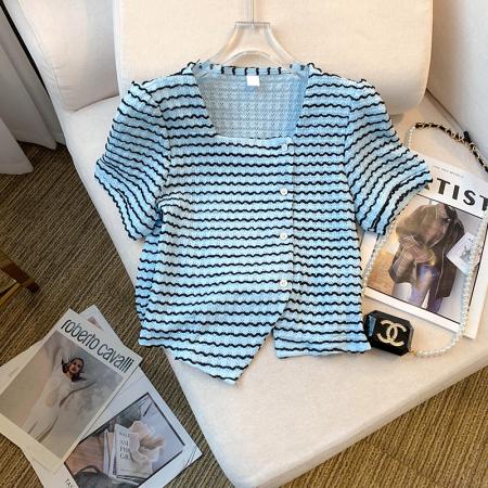 BY14993# 夏季新款设计感小香风条纹衬衣不规则短款上衣女 服裝批發女裝批發服飾貨源