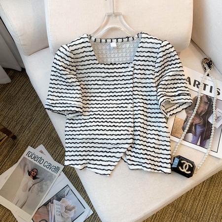 BY14993# 夏季新款设计感小香风条纹衬衣不规则短款上衣女 服裝批發女裝批發服飾貨源