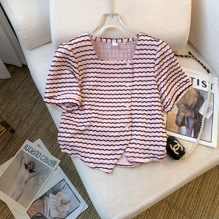 BY14993# 夏季新款设计感小香风条纹衬衣不规则短款上衣女 服裝批發女裝批發服飾貨源