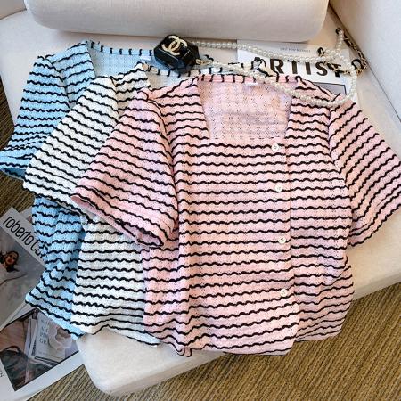 BY14993# 夏季新款设计感小香风条纹衬衣不规则短款上衣女 服裝批發女裝批發服飾貨源