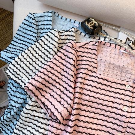 BY14993# 夏季新款设计感小香风条纹衬衣不规则短款上衣女 服裝批發女裝批發服飾貨源