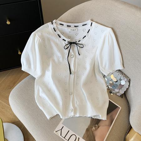 BY14995# 夏季新款ins设计感蝴蝶结镂空冰丝针织衫T恤上衣女 服裝批發女裝批發服飾貨源