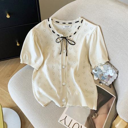 BY14995# 夏季新款ins设计感蝴蝶结镂空冰丝针织衫T恤上衣女 服裝批發女裝批發服飾貨源
