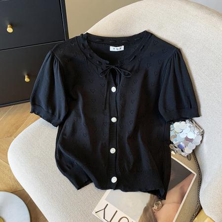 BY14995# 夏季新款ins设计感蝴蝶结镂空冰丝针织衫T恤上衣女 服裝批發女裝批發服飾貨源