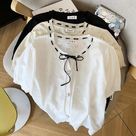 BY14995# 夏季新款ins设计感蝴蝶结镂空冰丝针织衫T恤上衣女 服裝批發女裝批發服飾貨源