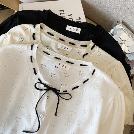 BY14995# 夏季新款ins设计感蝴蝶结镂空冰丝针织衫T恤上衣女 服裝批發女裝批發服飾貨源