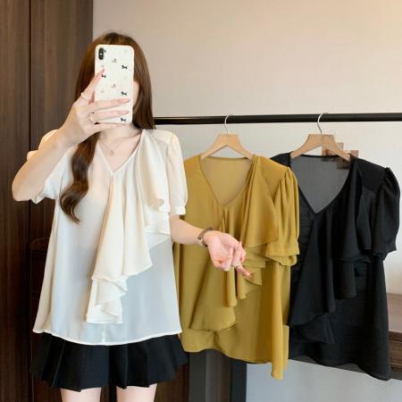 BY14996# 大码胖MM夏季新款V领法式木耳边设计感短袖雪纺上衣 服裝批發女裝批發服飾貨源