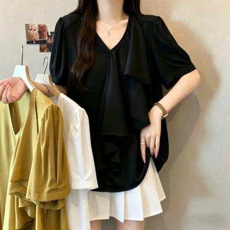 BY14996# 大码胖MM夏季新款V领法式木耳边设计感短袖雪纺上衣 服裝批發女裝批發服飾貨源