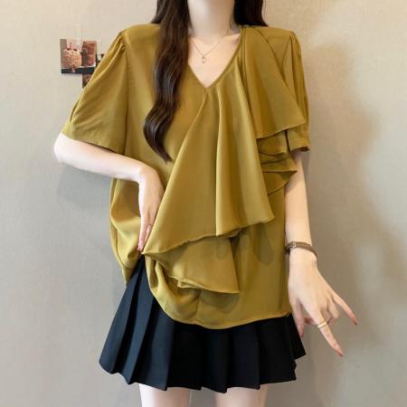 BY14996# 大码胖MM夏季新款V领法式木耳边设计感短袖雪纺上衣 服裝批發女裝批發服飾貨源