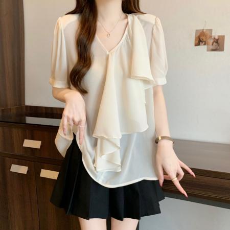 BY14996# 大码胖MM夏季新款V领法式木耳边设计感短袖雪纺上衣 服裝批發女裝批發服飾貨源