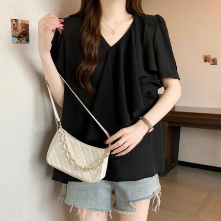 BY14996# 大码胖MM夏季新款V领法式木耳边设计感短袖雪纺上衣 服裝批發女裝批發服飾貨源