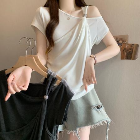 BY14997# 大码胖MM夏季新款美式设计露肩假两件短袖上衣T恤 服裝批發女裝批發服飾貨源