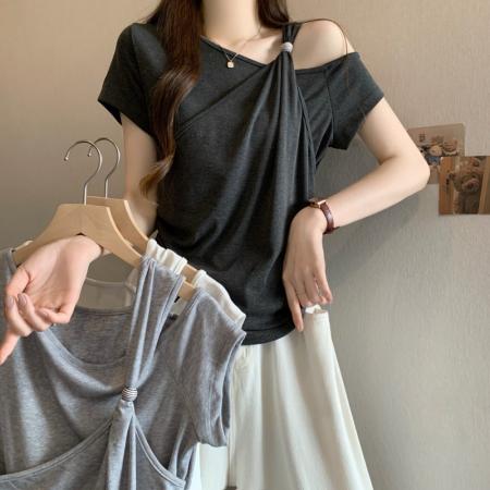 BY14997# 大码胖MM夏季新款美式设计露肩假两件短袖上衣T恤 服裝批發女裝批發服飾貨源