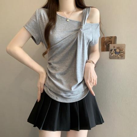 BY14997# 大码胖MM夏季新款美式设计露肩假两件短袖上衣T恤 服裝批發女裝批發服飾貨源