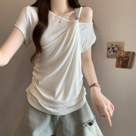 BY14997# 大码胖MM夏季新款美式设计露肩假两件短袖上衣T恤 服裝批發女裝批發服飾貨源