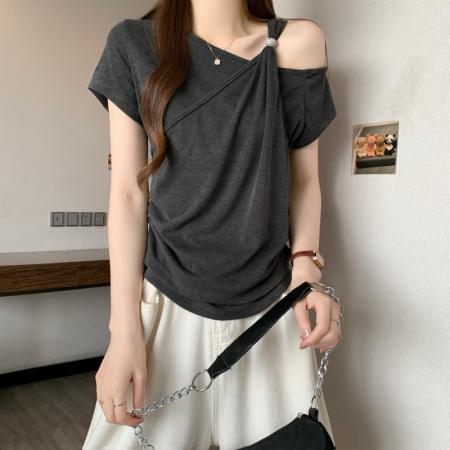 BY14997# 大码胖MM夏季新款美式设计露肩假两件短袖上衣T恤 服裝批發女裝批發服飾貨源