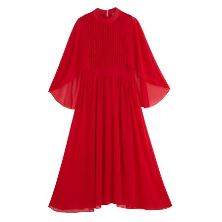 BY15005# 斗篷轻奢女装连衣裙大喇叭袖半高领白色长款裙子雪纺超长裙大摆裙 服裝批發女裝批發服飾貨源