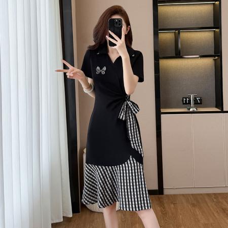 BY15011# 夏季新款格子鱼尾小黑裙假两件休闲舒适宽松腰短袖连衣裙 服裝批發女裝批發服飾貨源