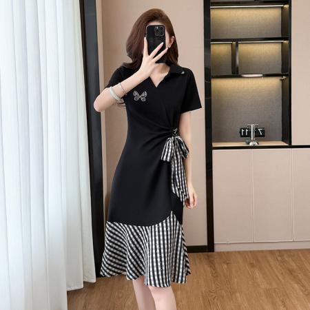 BY15011# 夏季新款格子鱼尾小黑裙假两件休闲舒适宽松腰短袖连衣裙 服裝批發女裝批發服飾貨源