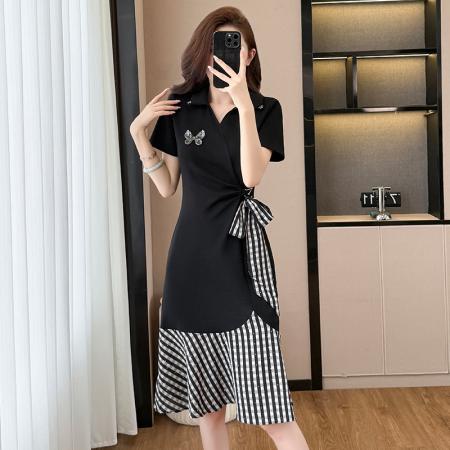 BY15011# 夏季新款格子鱼尾小黑裙假两件休闲舒适宽松腰短袖连衣裙 服裝批發女裝批發服飾貨源