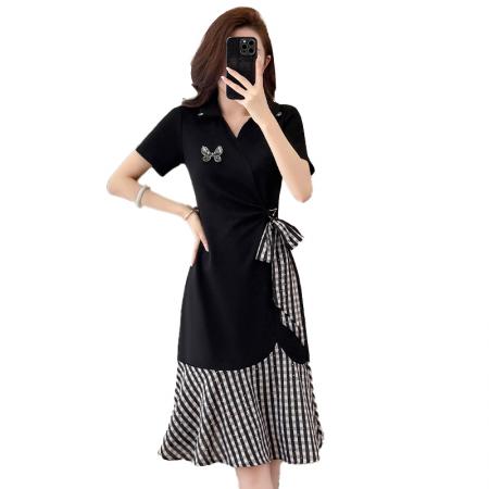 BY15011# 夏季新款格子鱼尾小黑裙假两件休闲舒适宽松腰短袖连衣裙 服裝批發女裝批發服飾貨源