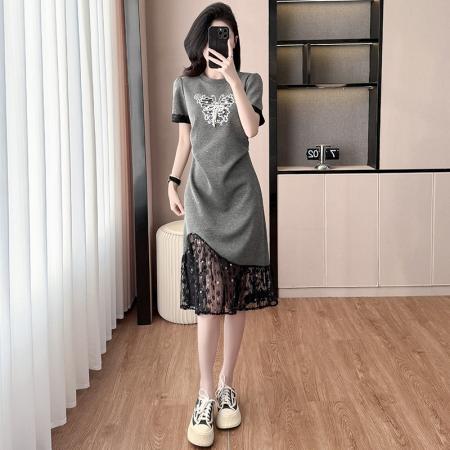 BY15012# 夏季新款女装韩版遮肉显瘦洋气蕾丝拼接短袖连衣裙鱼尾裙 服裝批發女裝批發服飾貨源