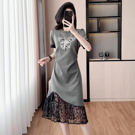 BY15012# 夏季新款女装韩版遮肉显瘦洋气蕾丝拼接短袖连衣裙鱼尾裙 服裝批發女裝批發服飾貨源