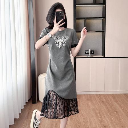 BY15012# 夏季新款女装韩版遮肉显瘦洋气蕾丝拼接短袖连衣裙鱼尾裙 服裝批發女裝批發服飾貨源