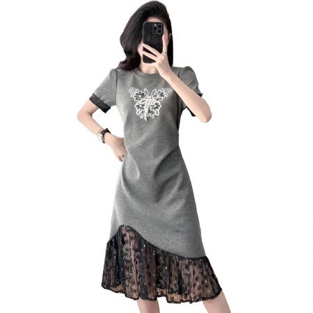 BY15012# 夏季新款女装韩版遮肉显瘦洋气蕾丝拼接短袖连衣裙鱼尾裙 服裝批發女裝批發服飾貨源