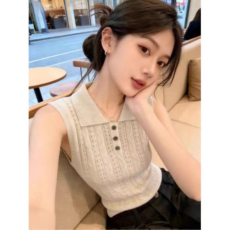 BY15018# 老钱风穿搭Polo领镂空针织背心女夏季薄款小衫高级感chic别致上衣 服裝批發女裝批發服飾貨源