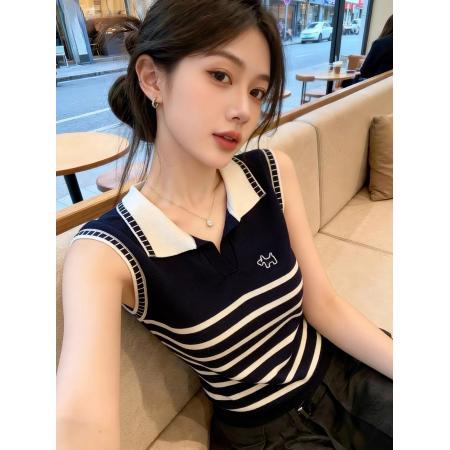 BY15019# 学院风polo领卡通刺绣针织背心女夏季小个子短款上衣 服裝批發女裝批發服飾貨源
