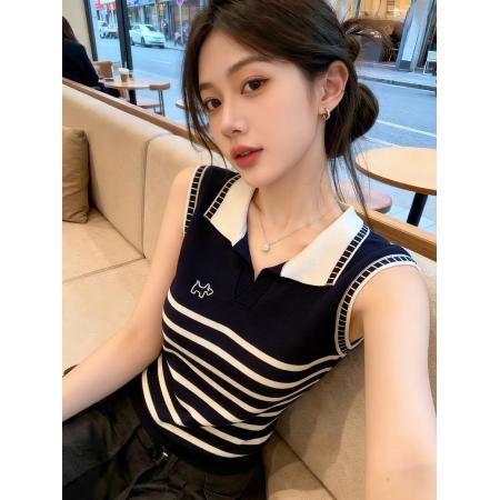 BY15019# 学院风polo领卡通刺绣针织背心女夏季小个子短款上衣 服裝批發女裝批發服飾貨源