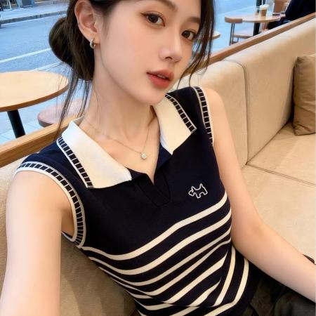 BY15019# 学院风polo领卡通刺绣针织背心女夏季小个子短款上衣 服裝批發女裝批發服飾貨源