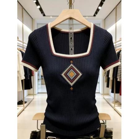 BY15022# 独特复古撞色拼接方领冰丝针织短袖t恤女修身显瘦上衣夏季 服裝批發女裝批發服飾貨源