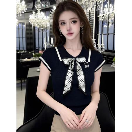 BY15025# LYMSTudio波点蝴蝶结丝巾学院风Polo领短袖T恤女白色针织上衣 服裝批發女裝批發服飾貨源