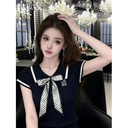 BY15025# LYMSTudio波点蝴蝶结丝巾学院风Polo领短袖T恤女白色针织上衣 服裝批發女裝批發服飾貨源