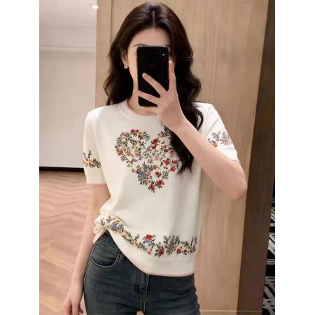 BY15027# 法式爱心碎花短袖针织衫女早春新款圆领百搭高级感休闲上衣服 服裝批發女裝批發服飾貨源