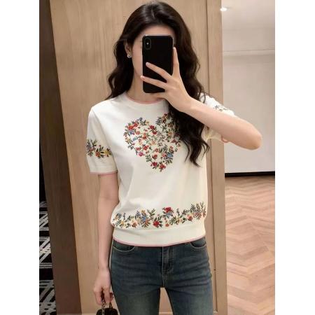 BY15027# 法式爱心碎花短袖针织衫女早春新款圆领百搭高级感休闲上衣服 服裝批發女裝批發服飾貨源