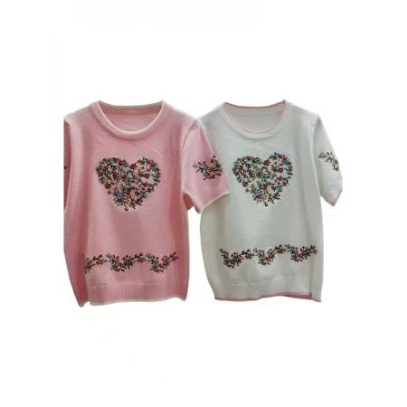 BY15027# 法式爱心碎花短袖针织衫女早春新款圆领百搭高级感休闲上衣服 服裝批發女裝批發服飾貨源