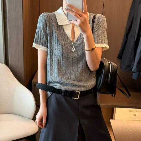 BY15029# 假两件麻花纹冰丝针织衫女欧洲站春装新款欧货女装洋气小衫潮 服裝批發女裝批發服飾貨源