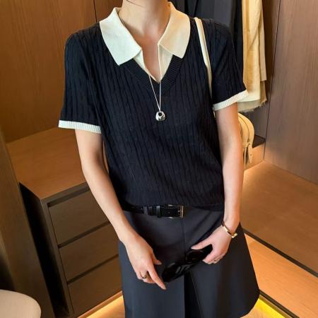 BY15029# 假两件麻花纹冰丝针织衫女欧洲站春装新款欧货女装洋气小衫潮 服裝批發女裝批發服飾貨源