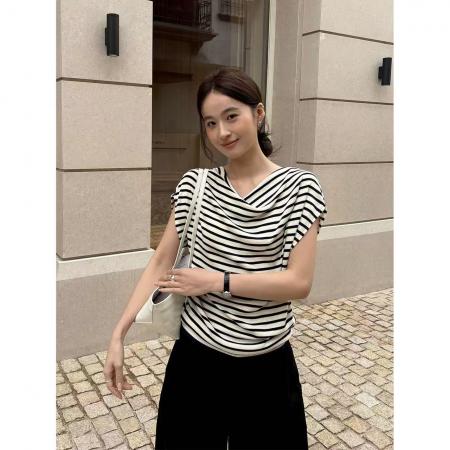 BY15030# TG条纹极简调气质显瘦荡领斜肩两穿针织上衣女春新款 服裝批發女裝批發服飾貨源