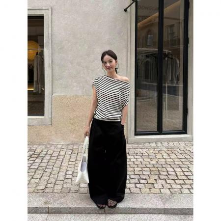 BY15030# TG条纹极简调气质显瘦荡领斜肩两穿针织上衣女春新款 服裝批發女裝批發服飾貨源