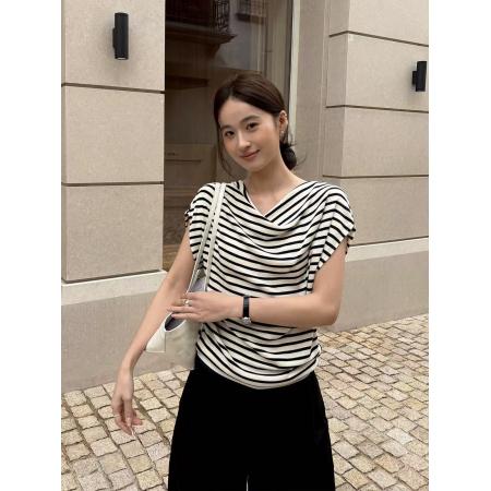 BY15030# TG条纹极简调气质显瘦荡领斜肩两穿针织上衣女春新款 服裝批發女裝批發服飾貨源