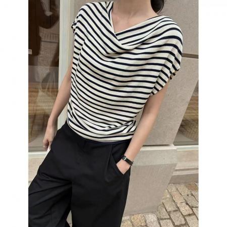 BY15030# TG条纹极简调气质显瘦荡领斜肩两穿针织上衣女春新款 服裝批發女裝批發服飾貨源