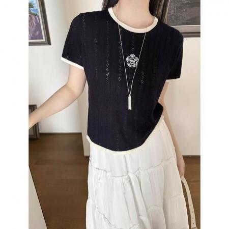 BY15032# 春季新款韩系宽松圆领显瘦莱赛尔天丝针织短袖T恤女百搭上衣 服裝批發女裝批發服飾貨源